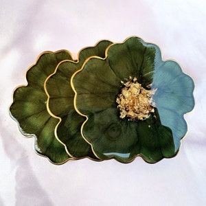 Handmade Forest Olive Green and Gold Flower Shaped Coasters Set - Jasmin Renee Art - Three Coasters