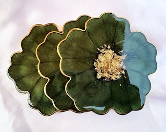 Forest Olive Green and Gold Flower Shaped Coasters