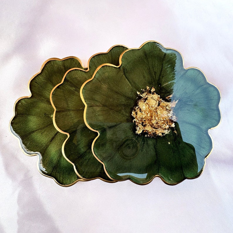 Handmade Forest Olive Green and Gold Flower Shaped Coasters Set - Jasmin Renee Art - Three Coasters