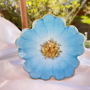Handmade Baby Sky Blue and Gold Flower Shaped Coasters - Jasmin Renee Art - Single Coaster