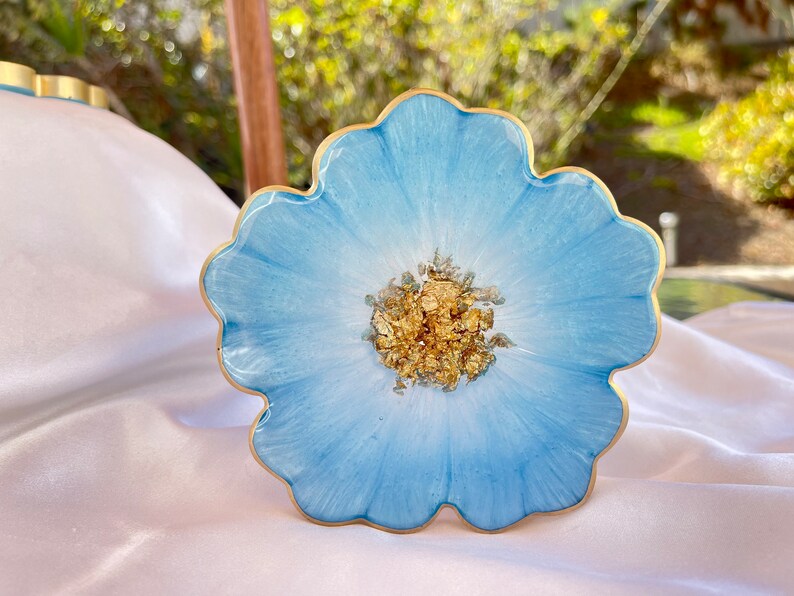 Handmade Baby Sky Blue and Gold Flower Shaped Coasters - Jasmin Renee Art - Single Coaster