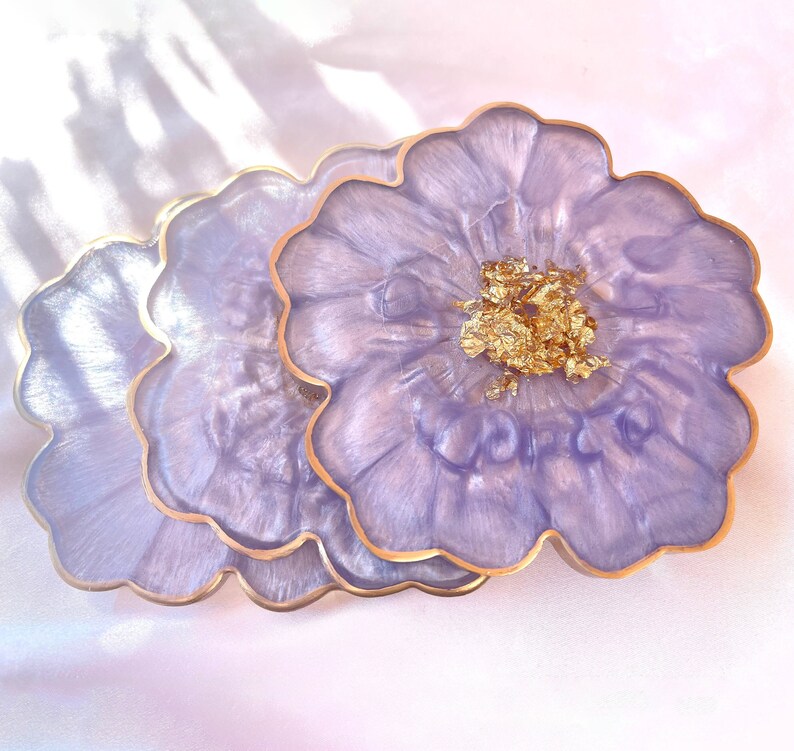 Orchid Violet Lavender Purple and Gold Flower Shaped Coasters