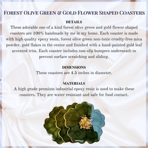 Forest Olive Green and Gold Leaf Accented Flower Resin Coasters Set- Jasmin Renee Art - Floral Flower Coasters Description and Details