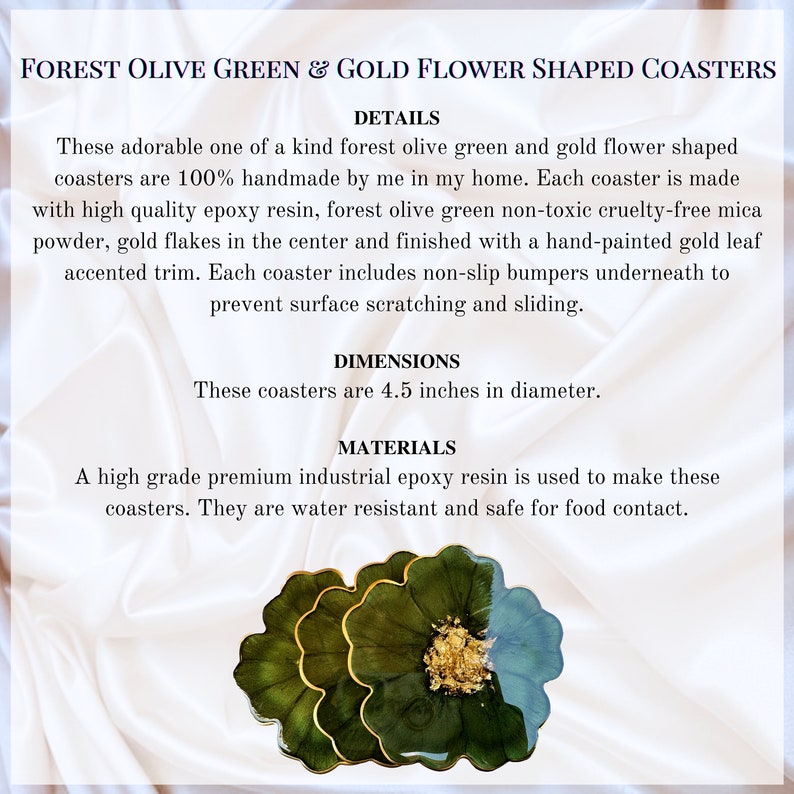 Forest Olive Green and Gold Leaf Accented Flower Resin Coasters Set- Jasmin Renee Art - Floral Flower Coasters Description and Details