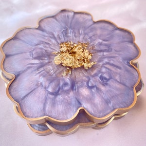 Handmade Orchid Violet Lavender Lilac Purple and Gold Flower Shaped Coasters - Jasmin Renee Art - Three Coasters Stacked
