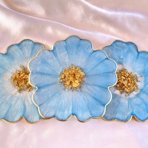 Handmade Baby Sky Blue and Gold Flower Shaped Coasters Set - Jasmin Renee Art - Three Coasters