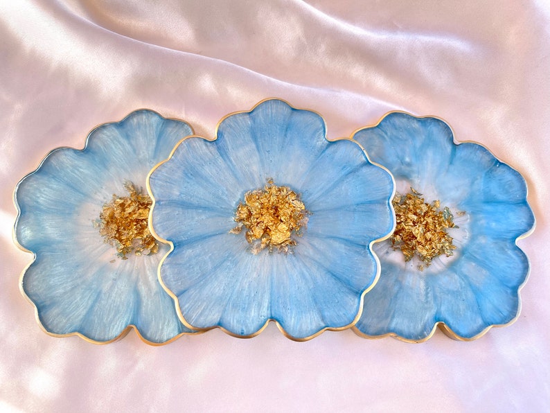 Handmade Baby Sky Blue and Gold Flower Shaped Coasters Set - Jasmin Renee Art - Three Coasters