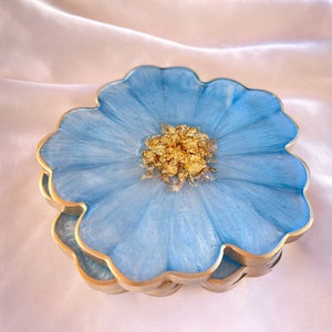 Handmade Baby Sky Blue and Gold Flower Shaped Coasters - Jasmin Renee Art - Three Coasters Stacked
