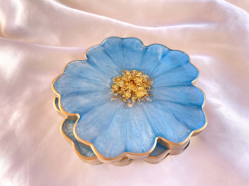 Handmade Baby Sky Blue and Gold Flower Shaped Coasters - Jasmin Renee Art - Three Coasters Stacked