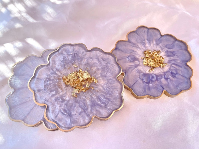 Handmade Orchid Violet Lavender Lilac Purple and Gold Flower Shaped Coasters - Jasmin Renee Art - Three Coasters