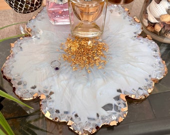 Iridescent White Opal and Gold Crushed Glass Accented Large Flower Vanity Tray