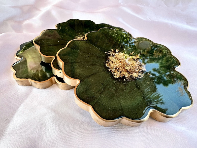 Forest Olive Green and Gold Flower Shaped Coasters image 6