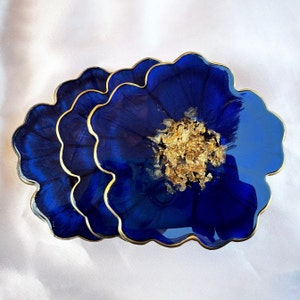 Deep Ocean Blue and Gold Flower Shaped Coasters