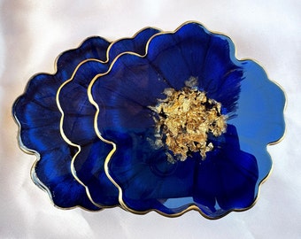 Deep Ocean Blue and Gold Flower Shaped Coasters