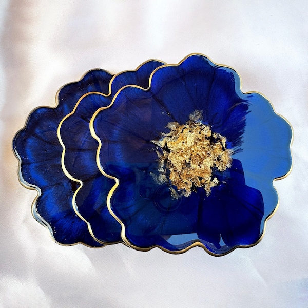 Deep Ocean Blue and Gold Flower Shaped Coasters