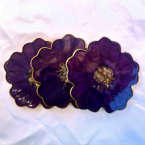 Amethyst Royal Indigo Purple and Gold Flower Shaped Coasters