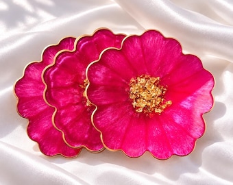 Fuchsia Hot Pink Magenta and Gold Flower Shaped Coasters