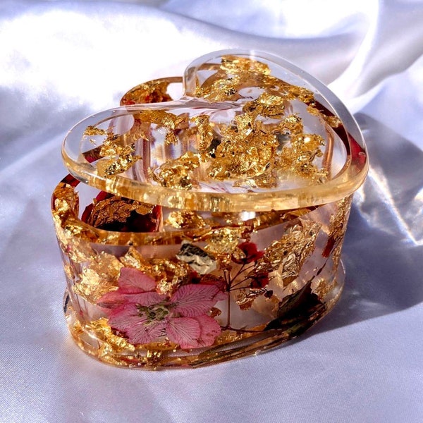 Handmade Gold Rose Pink Floral Resin Heart Trinket Box