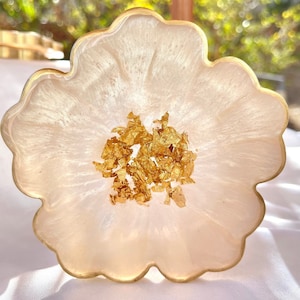 Handmade White Beige Cream and Gold Flower Shaped Coasters - Jasmin Renee Art - Single Coaster