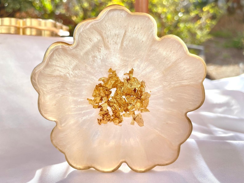 Handmade White Beige Cream and Gold Flower Shaped Coasters - Jasmin Renee Art - Single Coaster