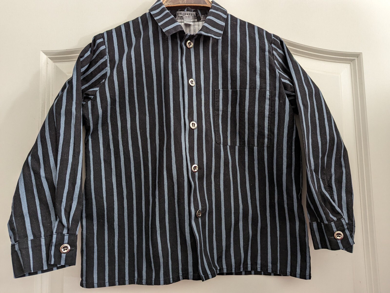 Marimekko Jokapoika Kids Cotton black-blue striped shirt / Casual long sleeve shirt blouse / Finnish classic / size 110