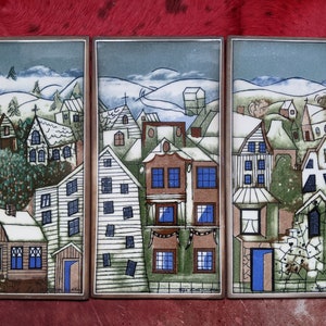 Vintage signed Arabia Wall Plate set/Triptych Neighboring Villages by Helja Liukko Sundstrom