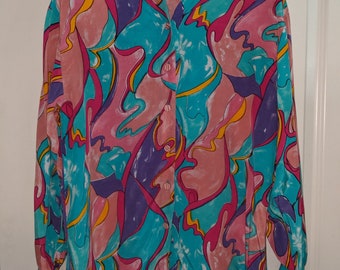 Vintage 90's colorful Abstract Pattern Satin Shirt Blouse size M