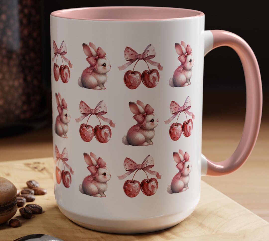 Pink Rabbit Cup Bunny Coquette Cherry Mug,cute Pink Bow Pattern in Pink Red Black ...
