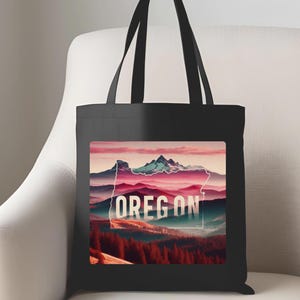 Rosa Sonnenuntergang Sonnenuntergang Orange Wald Berg Tragetasche Natur Canvas Tasche Baggeroeton Landschaft Geschenk PNW Kunst Kaskadengebirgs-Oregon Geschenk