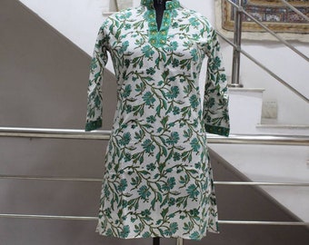 Block Printed Cotton Kurti Tunic: Kalamkari Style Boho Top