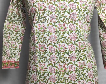 Block Printed Cotton Kurti Tunic: Kalamkari Style Boho Top