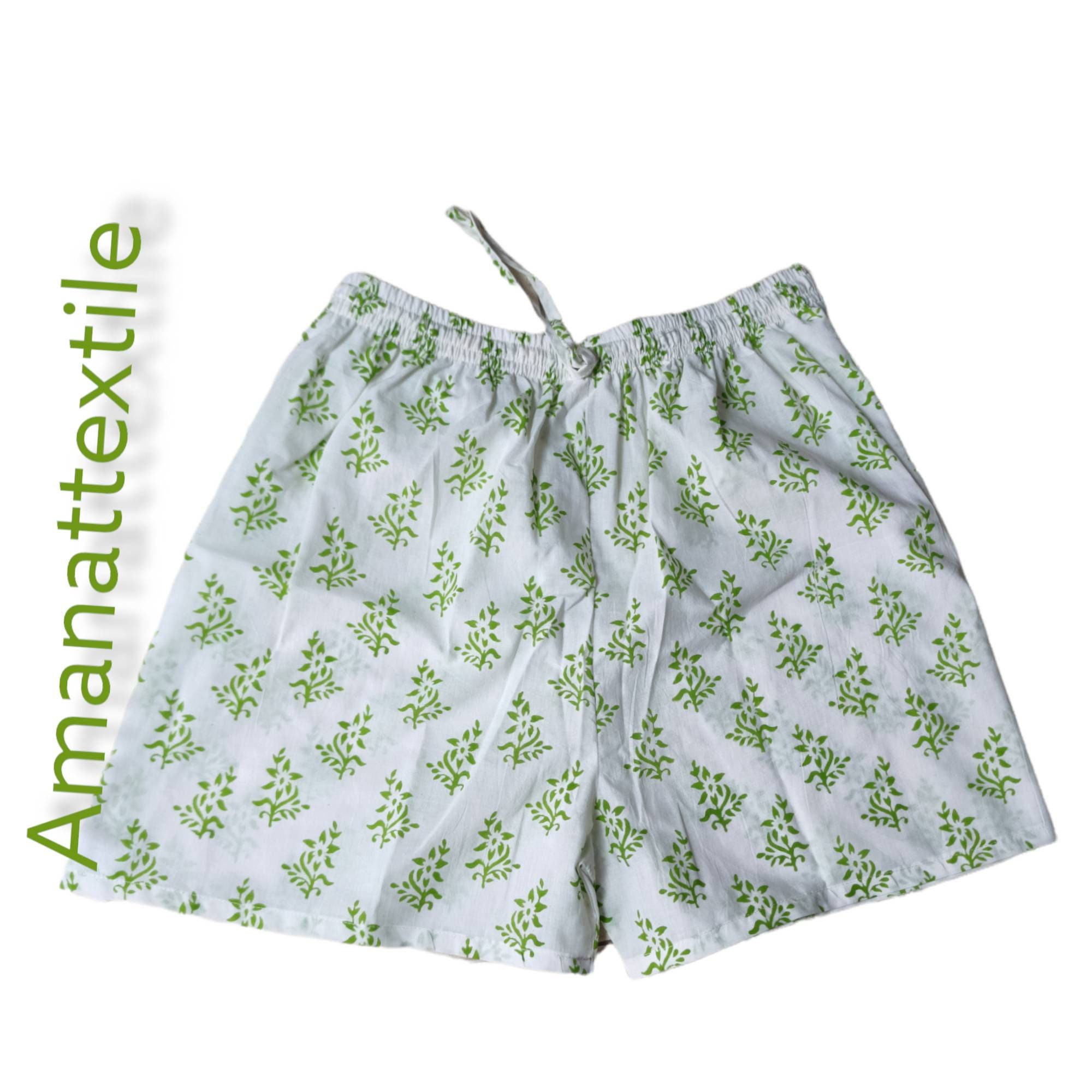 Hand Block Printed Cotton Shorts: Kalamkari Style Boho short Pajama
