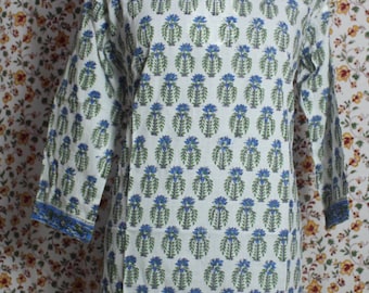 Block Printed Cotton Kurti Top: Kalamkari Style Boho Tunic