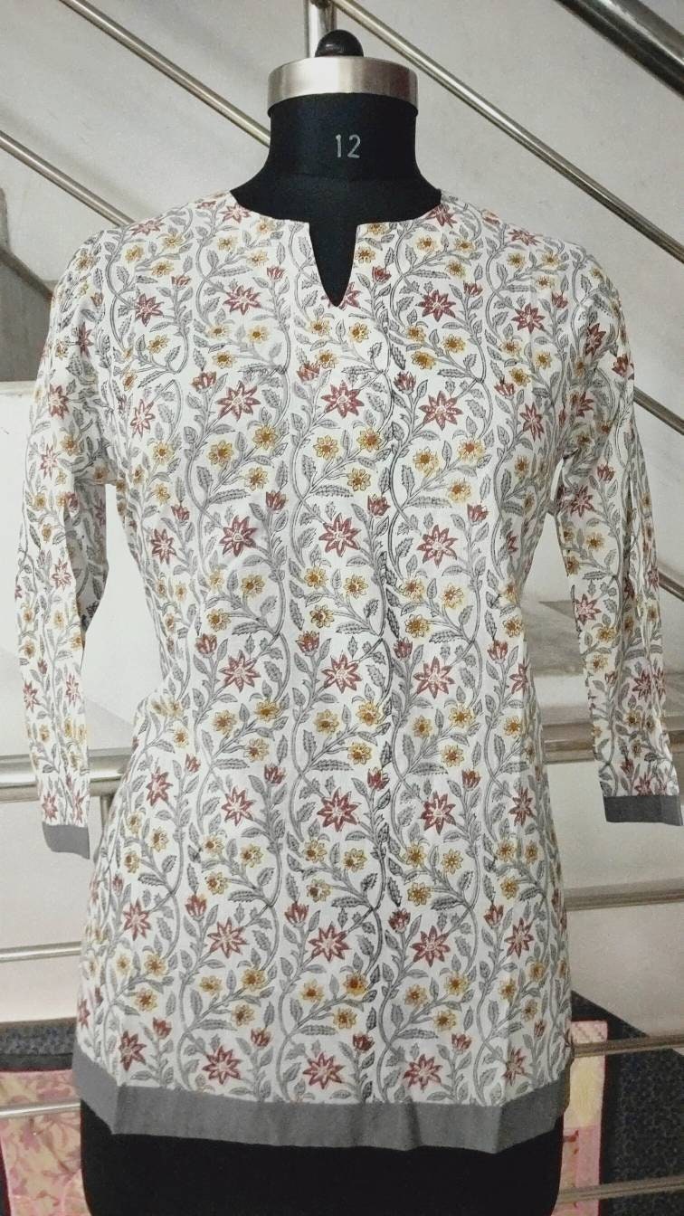 Block Printed Cotton Kurti Tunic: Kalamkari Style Boho Top