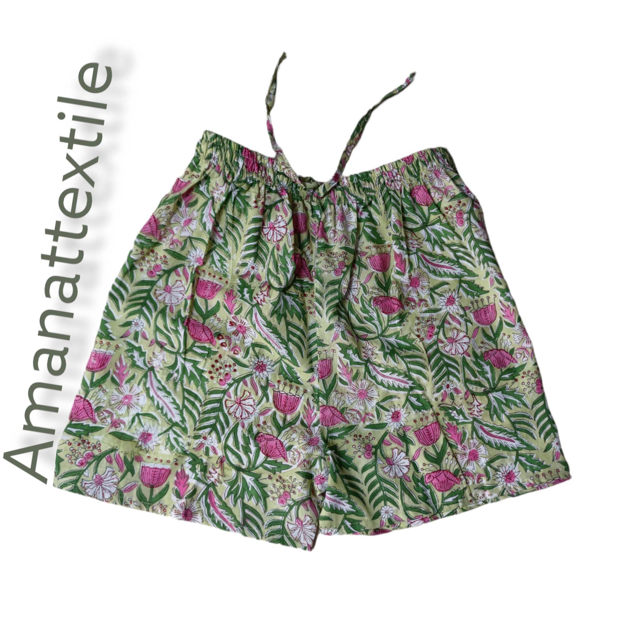 Hand Block Printed Cotton Shorts: Kalamkari Style Boho Short Pajama