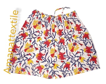 Handbedruckte Baumwollshorts: Kalamkari Style Boho Kurzer Pyjama