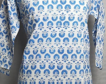 Block Printed Cotton Kurti Top, Boho Tunic Blouse