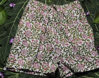 100% Cotton Hand block printed Shorts with elastic and drawstring , Very soft and comfortable Indian cotton Payjama shorts. Gives Cool look.