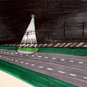 May include: A hand-drawn illustration of a street scene at night. A single streetlight illuminates the road ahead, casting a bright white beam of light. The road is divided into two lanes with white dashed lines. The street is bordered by a green grassy area on the left and a brown sidewalk on the right. Power lines run across the top of the image.
