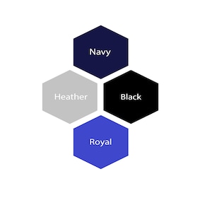 May include: Four hexagon-shaped color swatches in navy, heather grey, black, and royal blue. The swatches are arranged in a diamond shape.