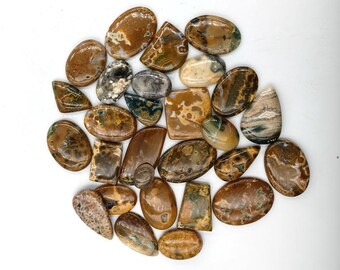 Puede incluir: Una colección de piedras preciosas pulidas de diversas formas, incluyendo ovaladas, en forma de lágrima y rectangulares. Las piedras muestran una gama de colores, principalmente marrones, beiges y verdes, con patrones y texturas únicos. Las piedras preciosas están dispuestas sobre una superficie blanca.