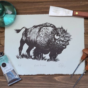 Buff bison handmade linocut