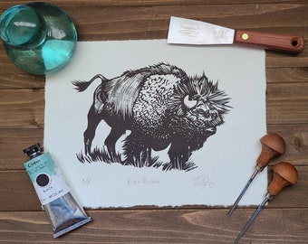 Buff bison handmade linocut