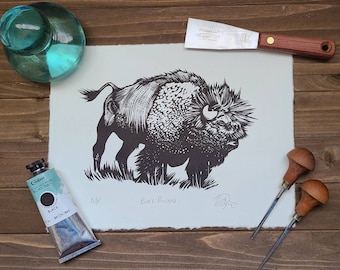 Buff bison handmade linocut