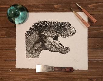 Tyrannosaurus Rex handmade linocut