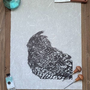 Great Horned Owl handmade linocut