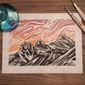 Three Sisters handmade linocut