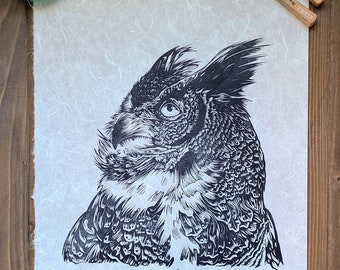 Owl print handmade linocut print