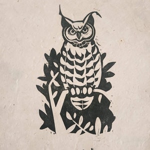 Grumpy Owl handmade linocut