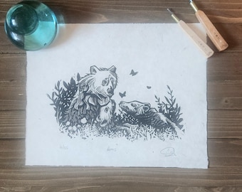 Mama bear print handmade linocut print